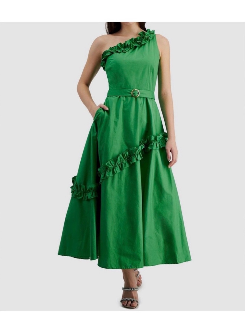 Taylor One-Shoulder Emerald Green Ruffle Midi Dress with Belt
